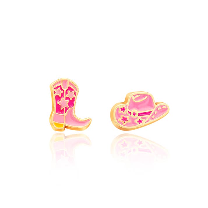 Seaside Custom Apparel & Gifts pink enamel cowgirl boot and hat stud earrings for kids with star details