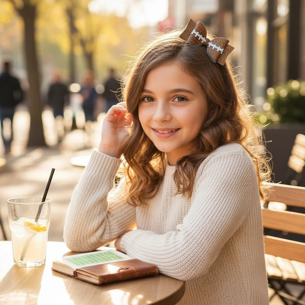 Young girl wearing a Seaside Custom Apparel & Gifts glitter football hair bow clip while sitting at an outdoor cafe.