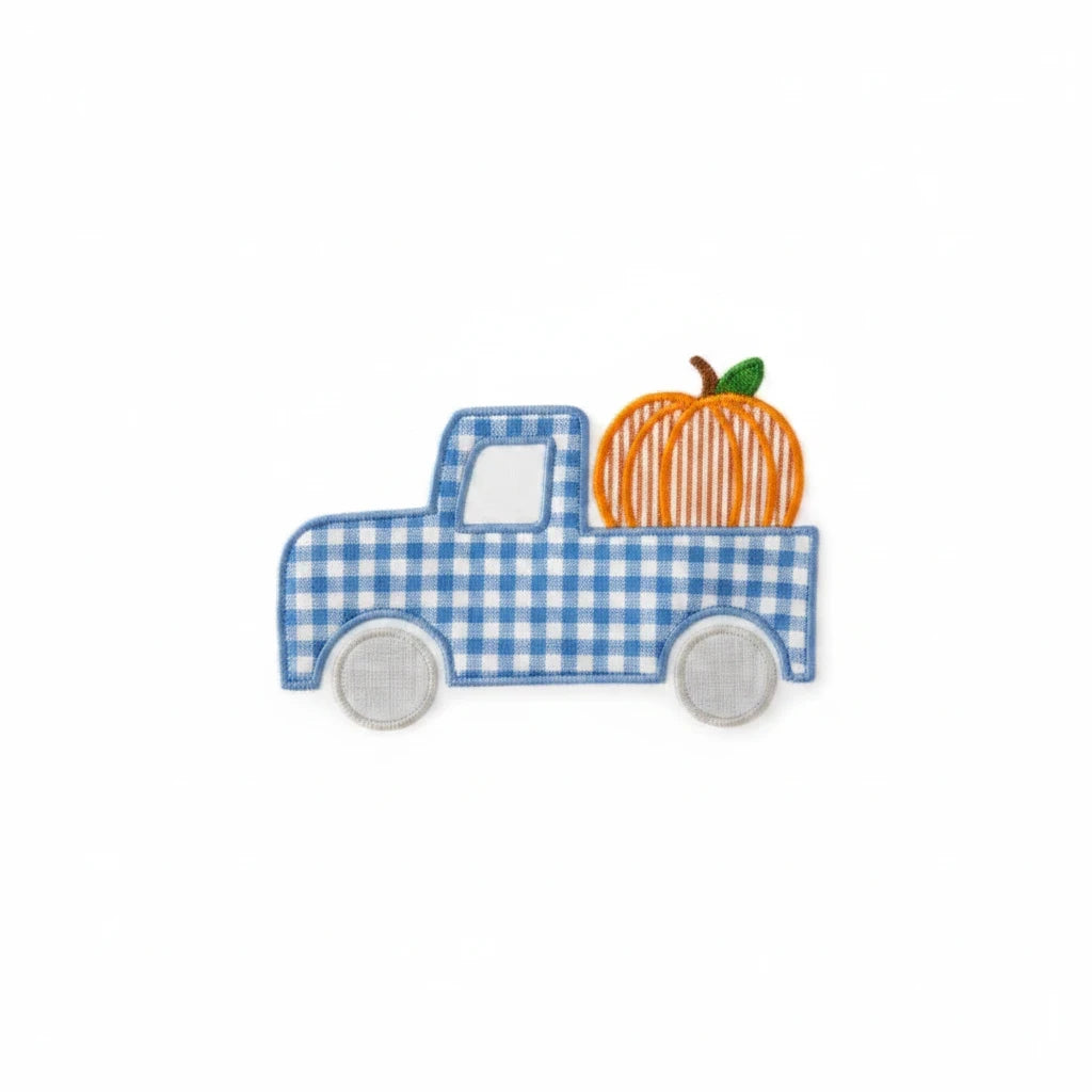 Seaside Custom Apparel & Gifts blue gingham pickup truck embroidery patch with an orange pumpkin for fall clothing