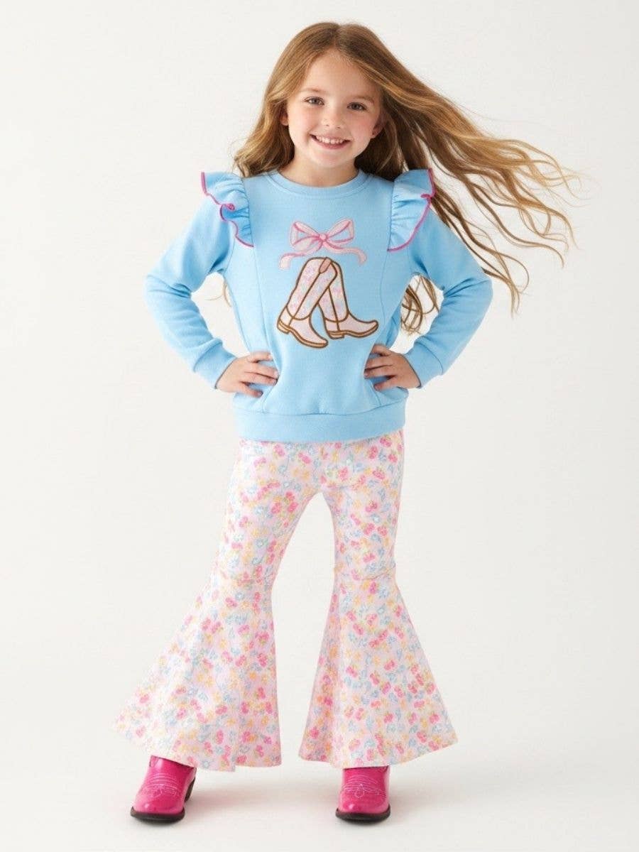 Seaside Custom Apparel & Gifts girls western outfit with blue flutter sleeve top and floral print bell bottom pants