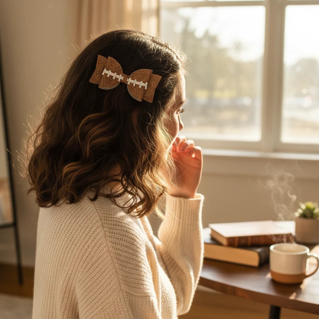 Seaside Custom Apparel & Gifts glitter football hair bow clip worn by a woman in a cozy indoor setting