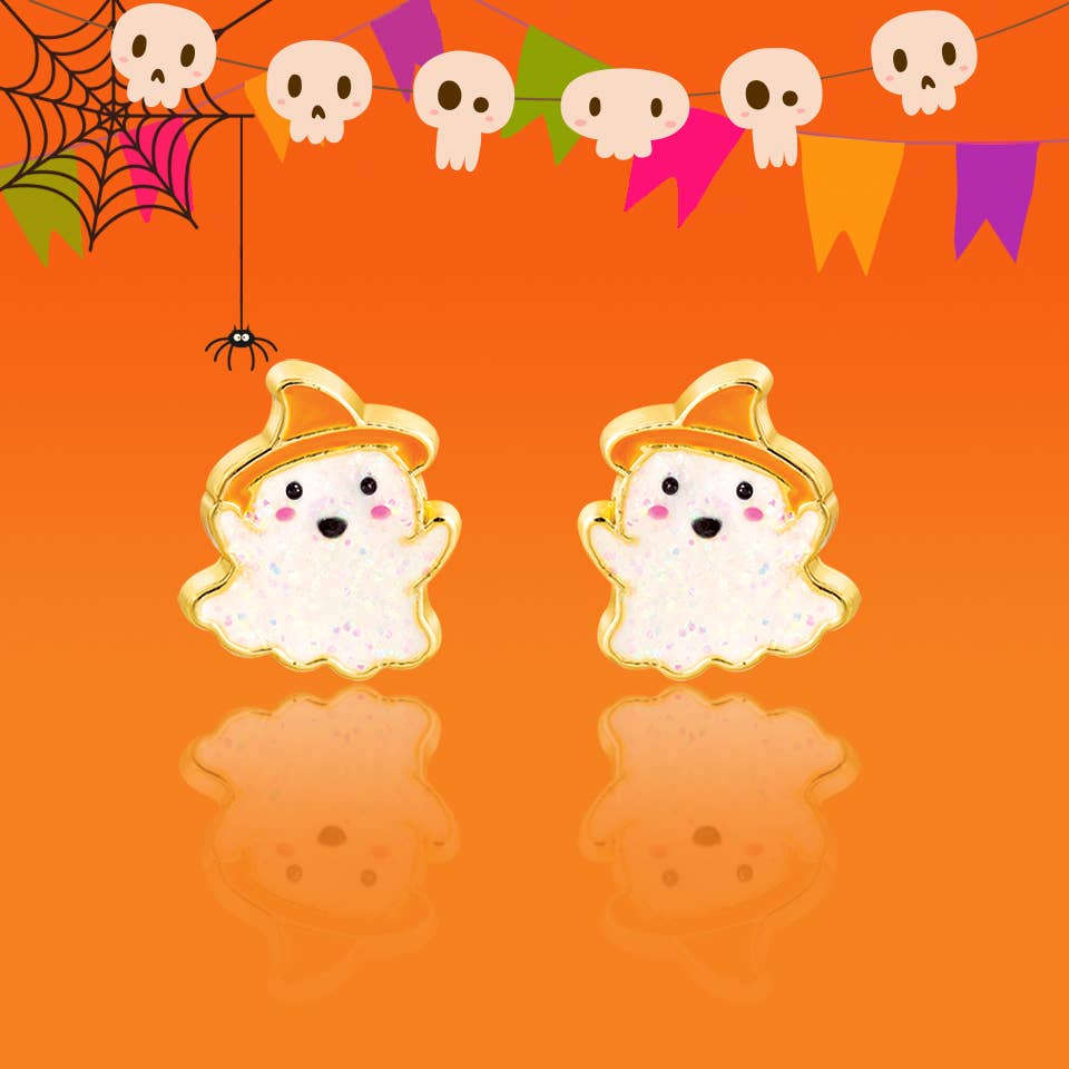 Seaside Custom Apparel & Gifts glitter ghost stud earrings with hand-painted enamel on an orange Halloween background.