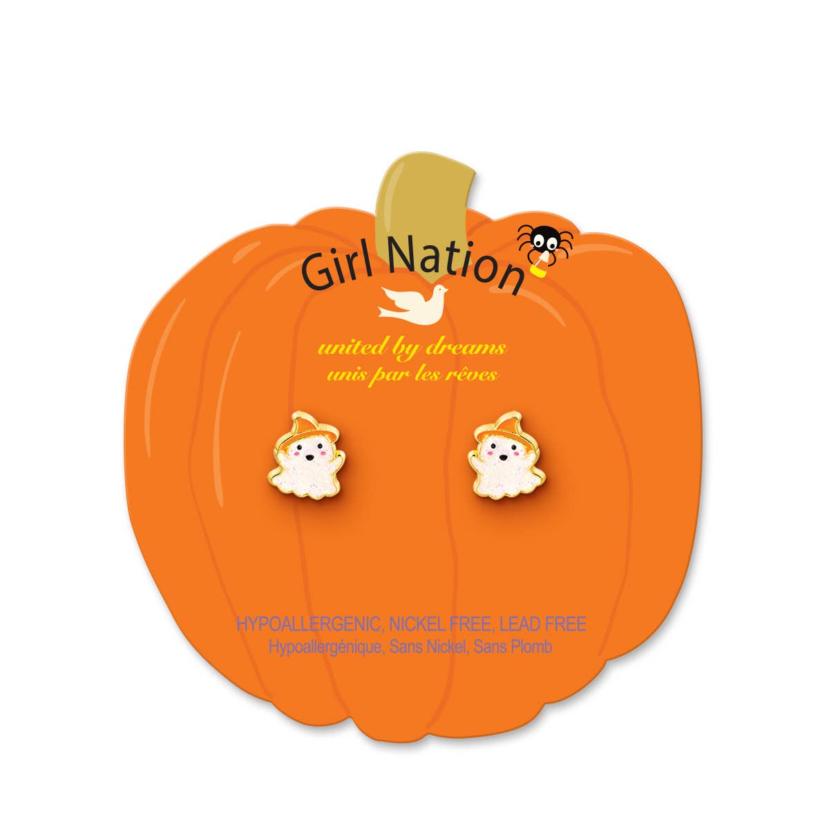 Seaside Custom Apparel & Gifts glitter ghost stud earrings for girls on a decorative pumpkin-shaped display card.