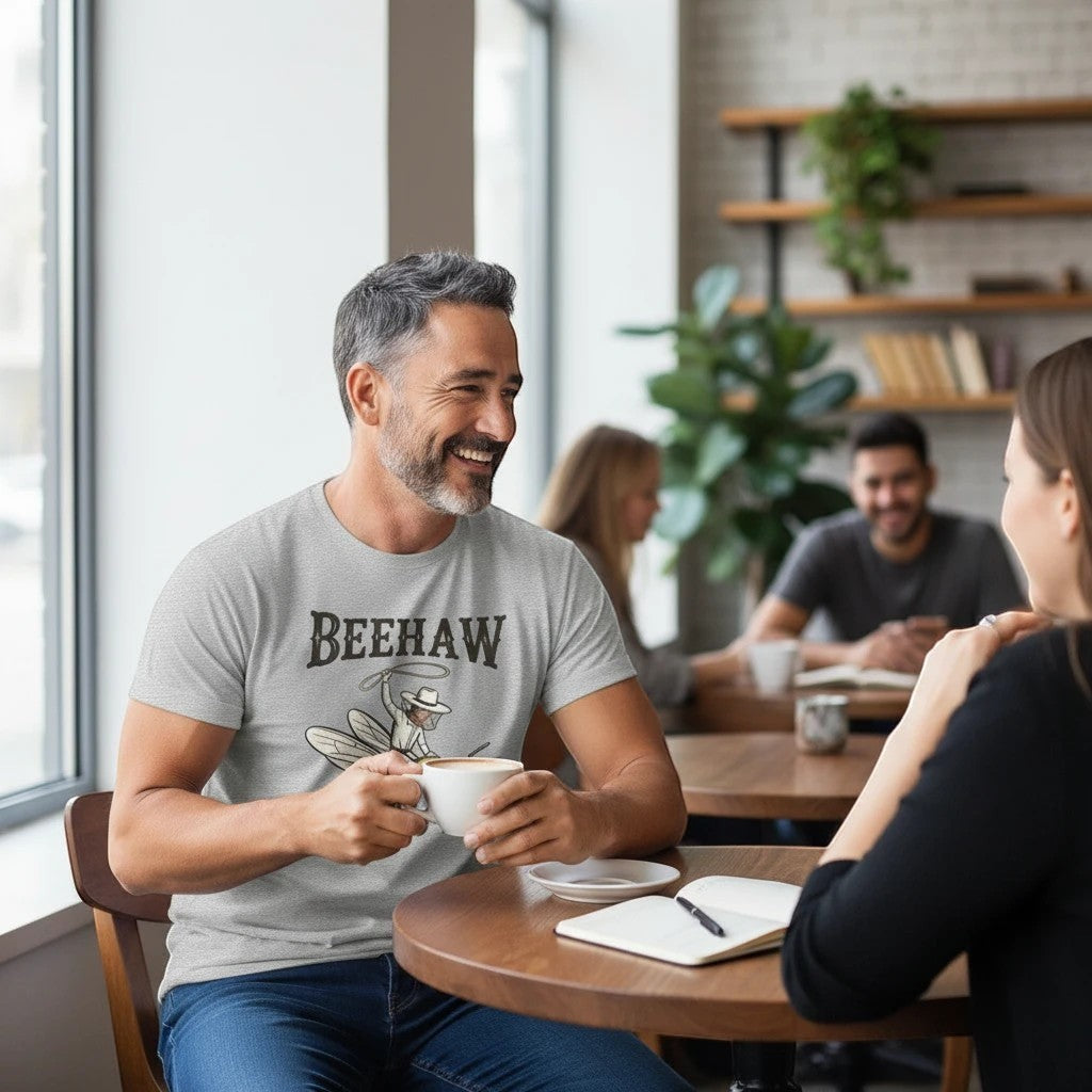 Seaside Custom Apparel & Gifts grey graphic tee featuring a cowboy riding a bee with BEEHAW text on a smiling man
