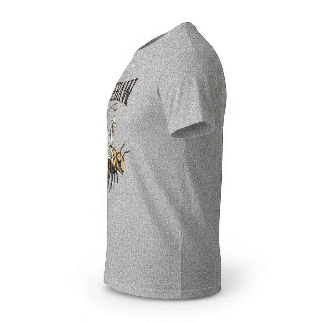 Seaside Custom Apparel & Gifts grey unisex graphic tee featuring a cowboy riding a bee with BEEHAW text, side view
