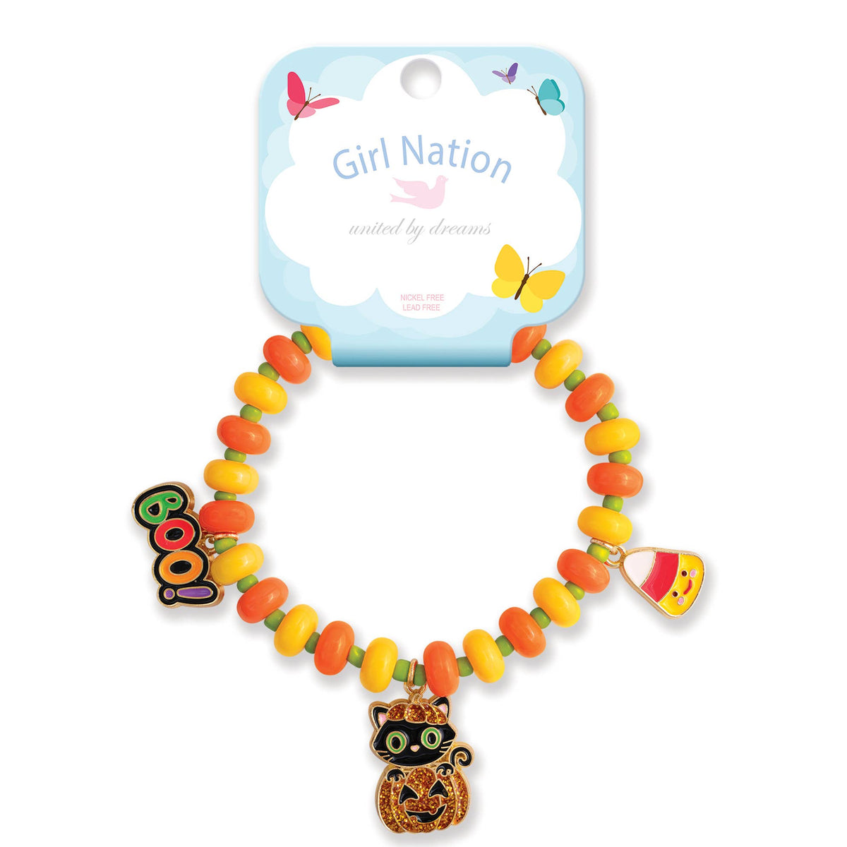 Seaside Custom Apparel & Gifts Halloween beaded bracelet with pumpkin, candy corn, and black cat charms for girls