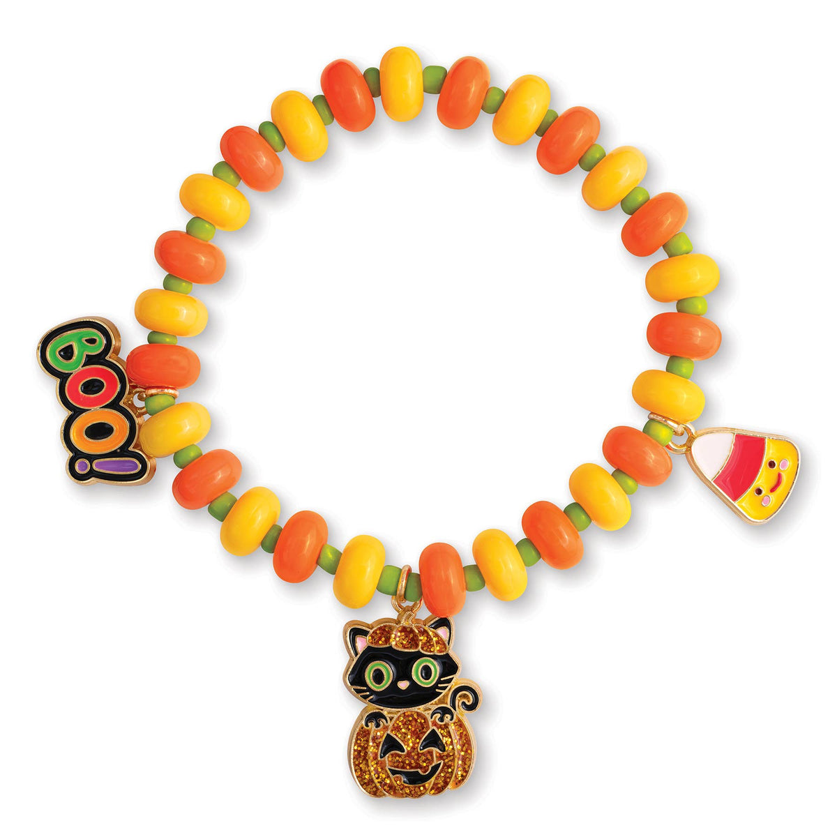 Seaside Custom Apparel & Gifts Halloween beaded bracelet with candy corn, black cat, and Boo charms for kids.