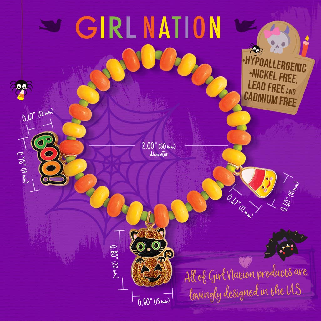 Seaside Custom Apparel & Gifts Halloween beaded bracelet with pumpkin, candy corn, and black cat charms for girls.