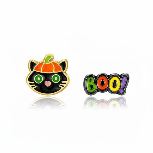 Seaside Custom Apparel & Gifts Halloween enamel earrings featuring a black cat with a pumpkin hat and a colorful Boo sign