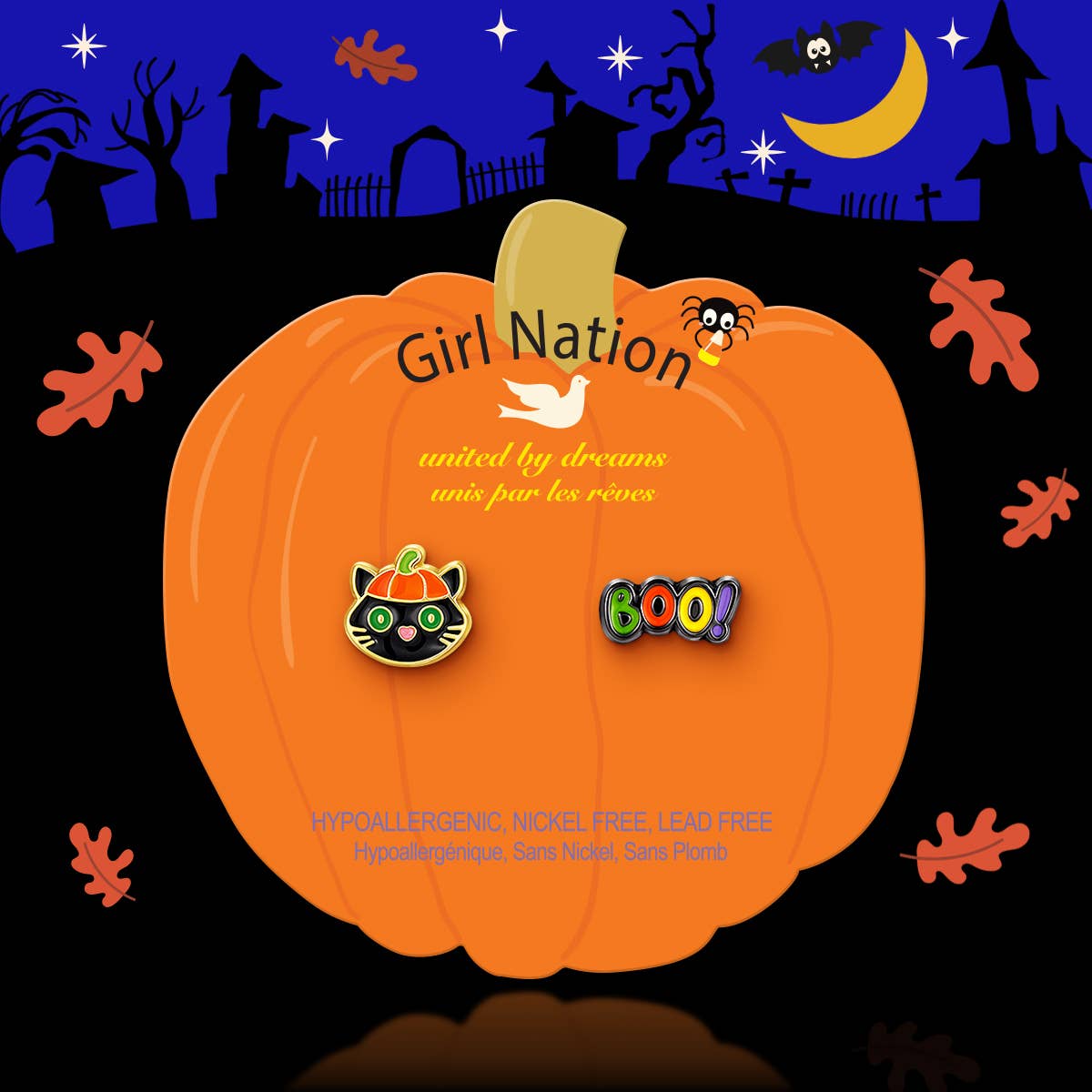 Seaside Custom Apparel & Gifts enamel black cat and Boo earrings on a pumpkin-shaped card for Halloween