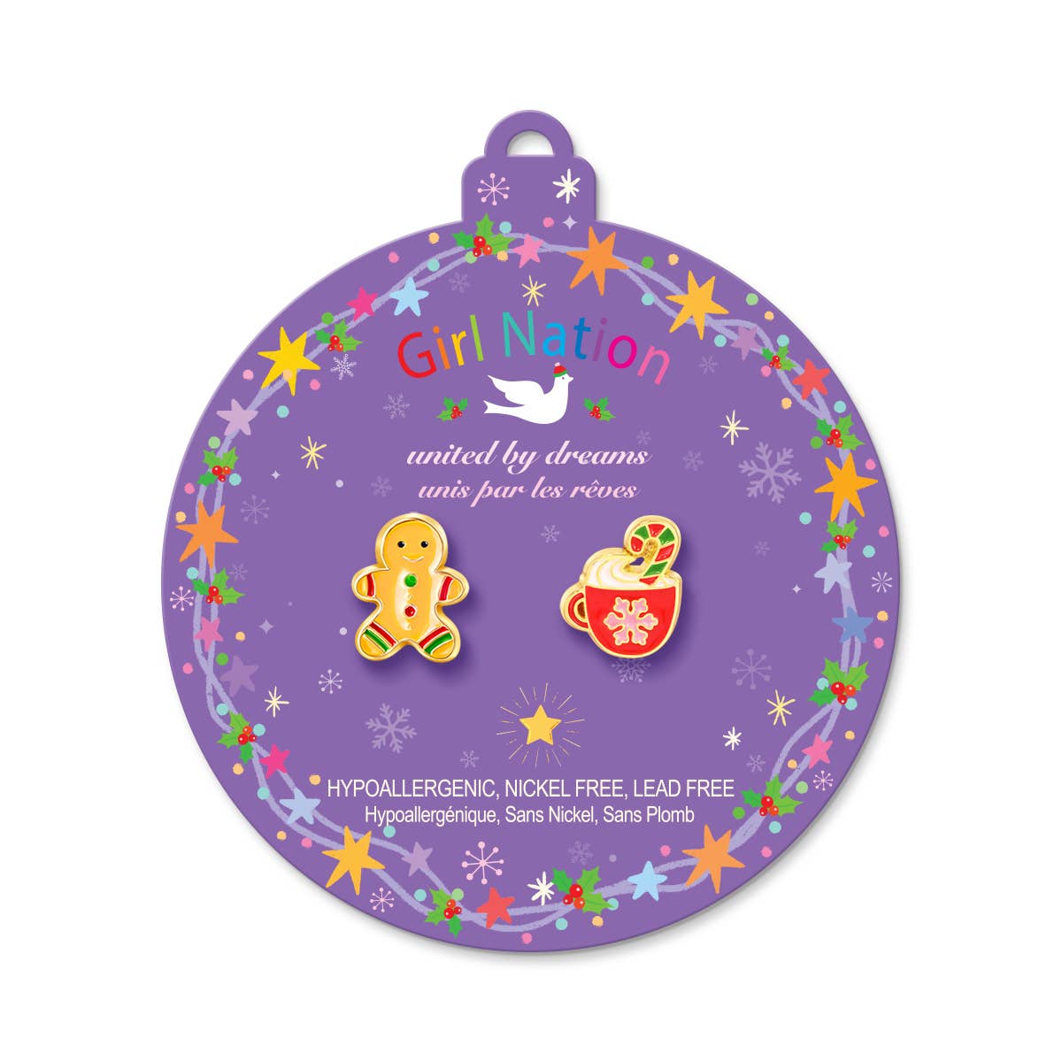 Seaside Custom Apparel & Gifts Girl Nation gingerbread man and hot cocoa enamel earrings on a purple ornament card