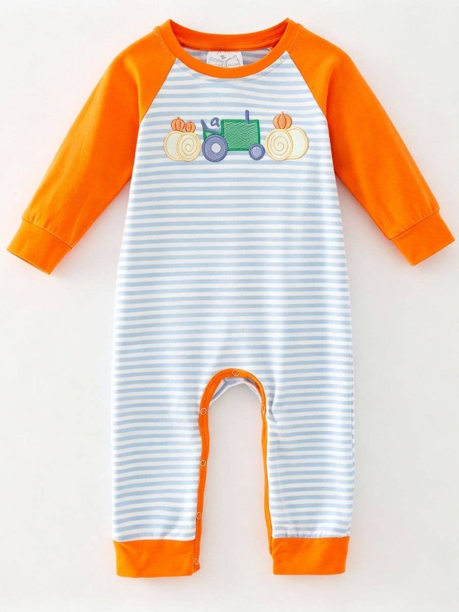Seaside Custom Apparel & Gifts infant romper with blue white stripes, orange sleeves, and embroidered tractor design.