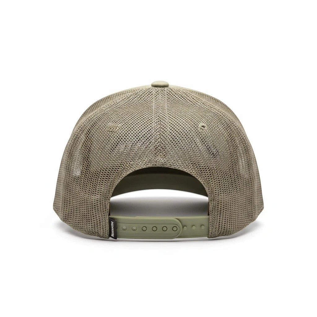 Back view of a khaki Seaside Custom Apparel & Gifts trucker hat with breathable mesh panels and adjustable snapback.