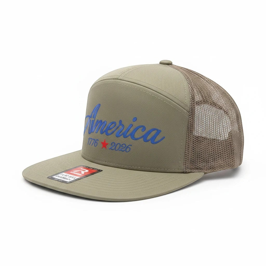 Seaside Custom Apparel & Gifts olive green trucker hat with America 1776-2026 embroidery and breathable mesh back