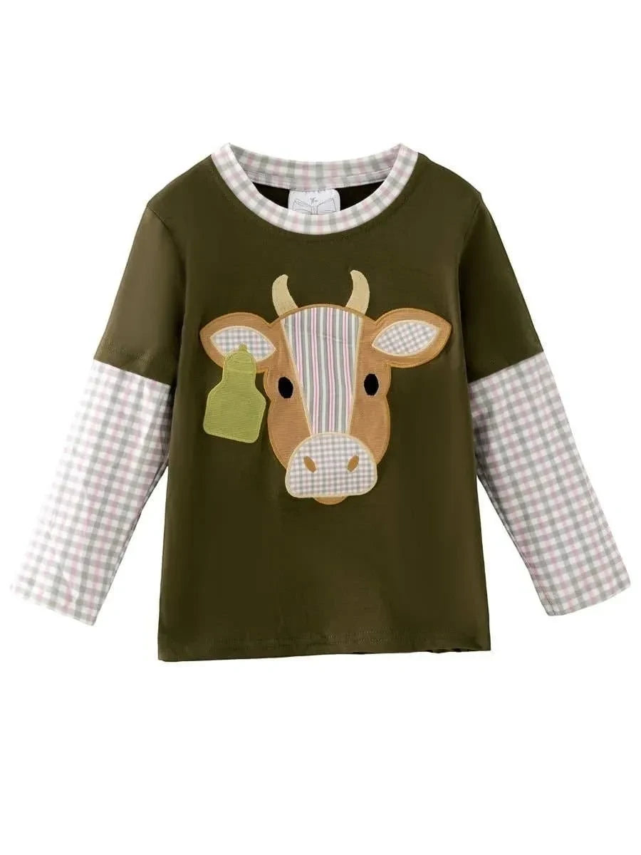 Seaside Custom Apparel & Gifts olive green long sleeve boys shirt with a cattle applique and gingham sleeve details.