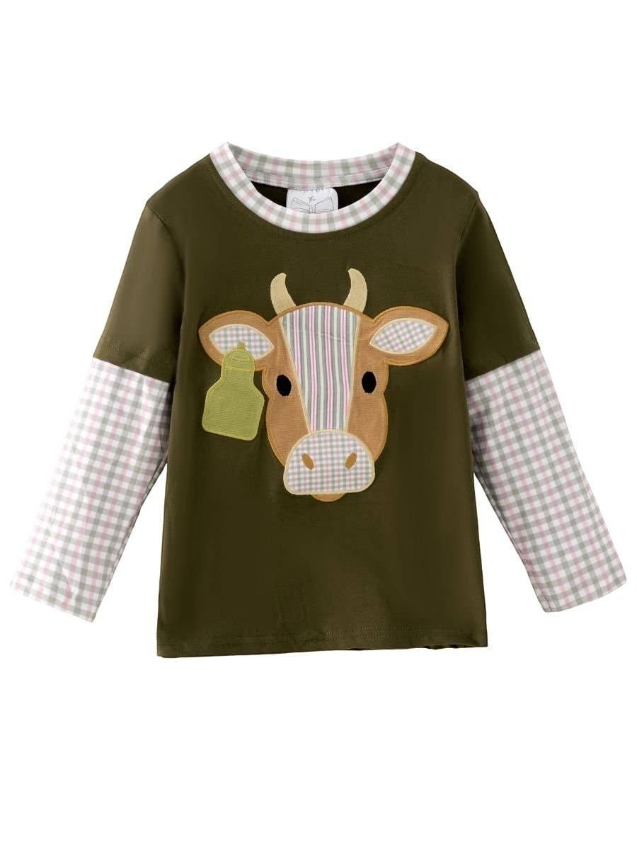 Seaside Custom Apparel & Gifts olive green long sleeve boys shirt with a cow applique and gingham sleeve details.