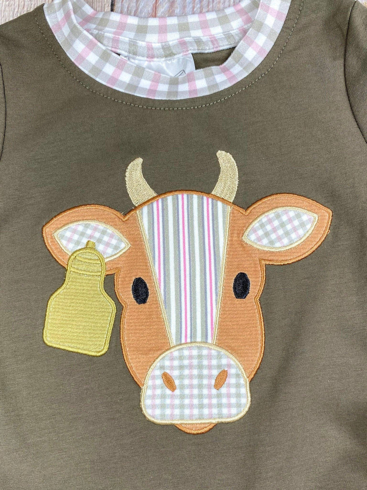 Seaside Custom Apparel & Gifts olive green boys shirt with a cattle applique featuring gingham and striped details