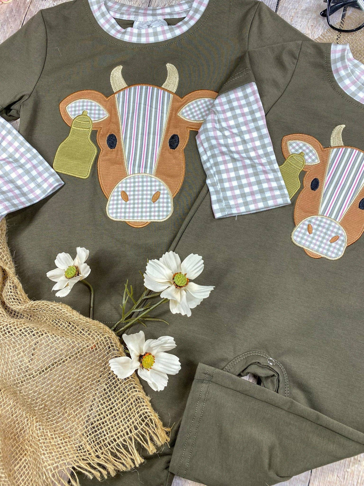 Seaside Custom Apparel & Gifts olive green boys shirt with cattle applique, gingham sleeves, and western style.