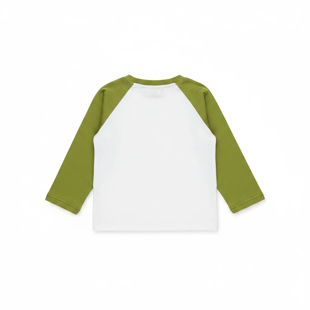Seaside Custom Apparel & Gifts long-sleeve raglan shirt with olive green sleeves and a white back view