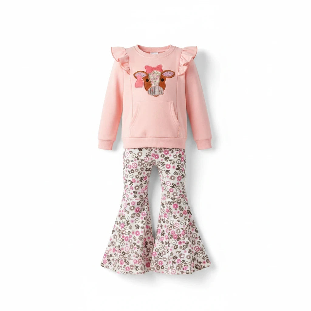 Seaside Custom Apparel & Gifts pink long sleeve top with cow applique and floral bell bottom pants set for girls.