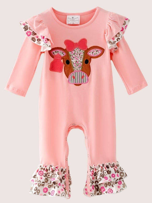 Seaside Custom Apparel & Gifts pink long sleeve infant romper with floral cow applique and ruffle trim details.