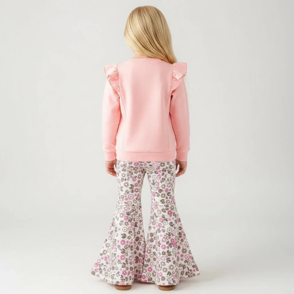 Seaside Custom Apparel & Gifts pink long sleeve top with flutter shoulders and floral bell bottom pants, back view