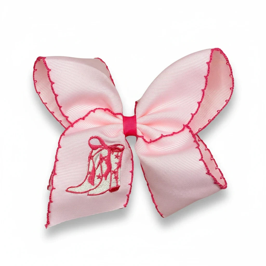 Seaside Custom Apparel & Gifts light pink grosgrain hair bow with western boot embroidery and dark pink moonstitch trim