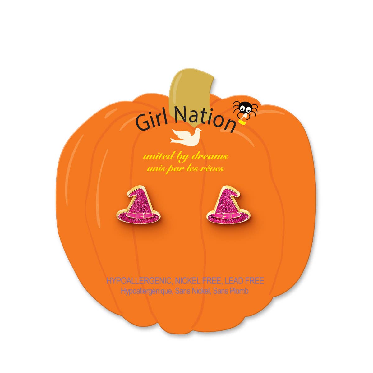 Seaside Custom Apparel & Gifts glittery pink witch hat stud earrings for girls on a pumpkin-shaped display card