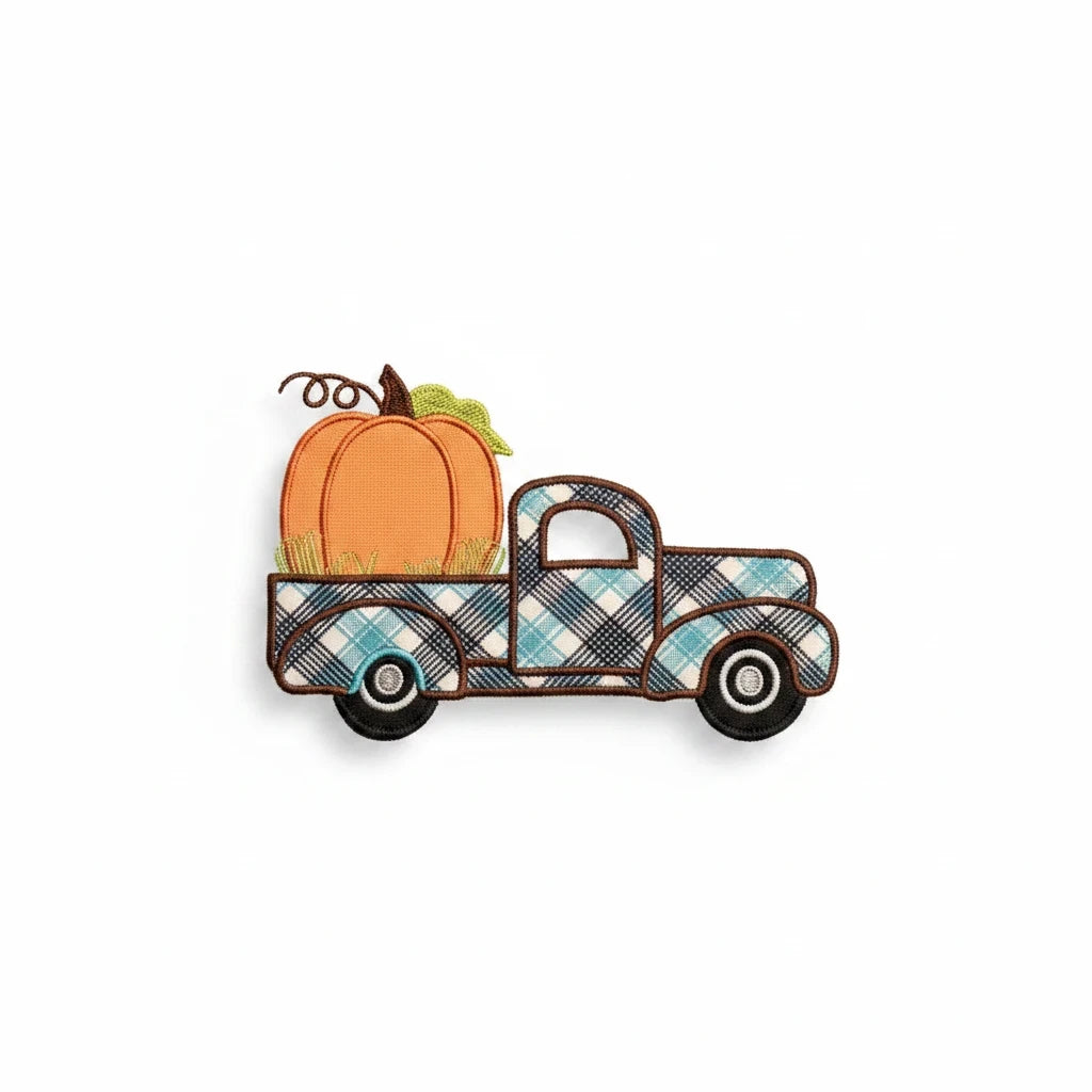 Seaside Custom Apparel & Gifts embroidered patch featuring a vintage blue plaid truck carrying an orange pumpkin