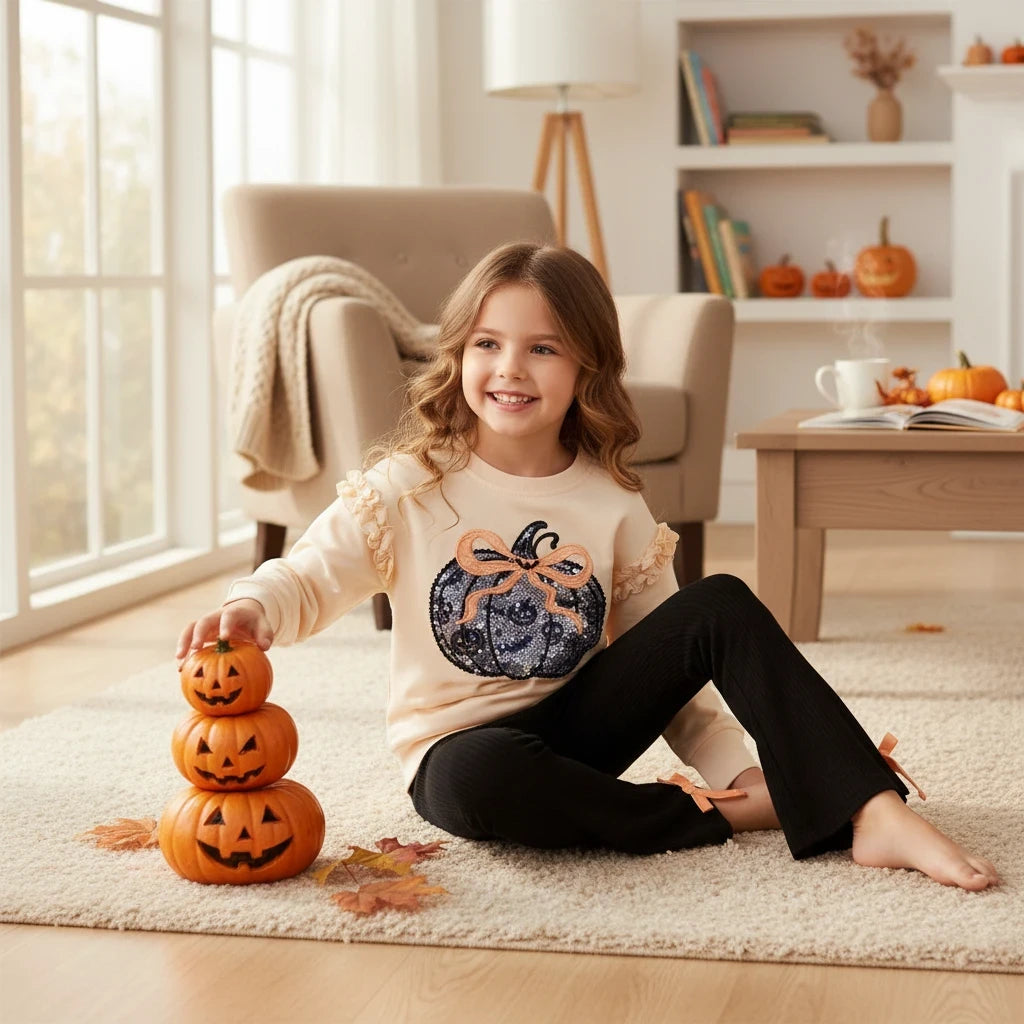Seaside Custom Apparel & Gifts girls fall outfit with cream ruffle sleeve top, pumpkin appliqué, and black bell bottoms