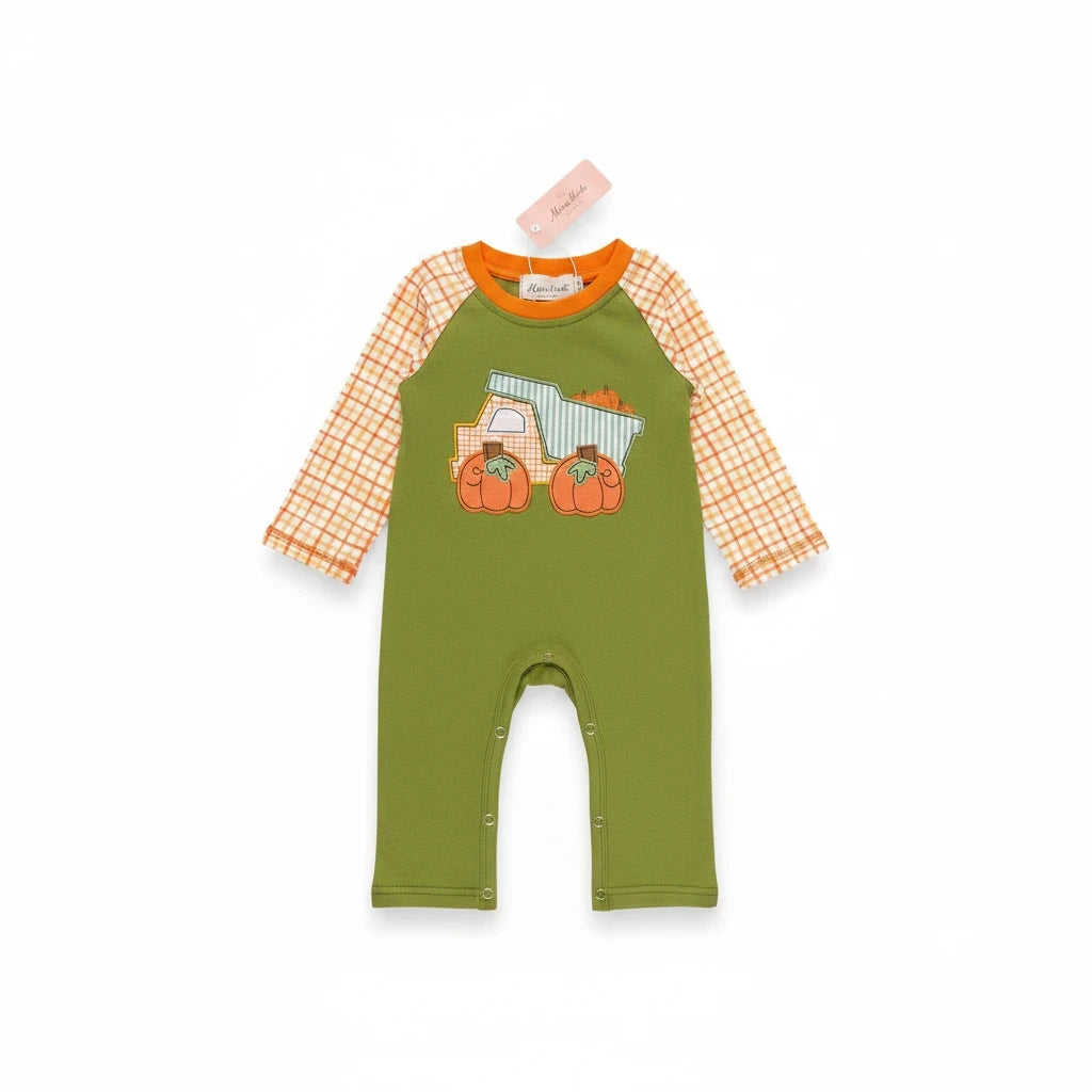 Seaside Custom Apparel & Gifts baby romper with pumpkin truck embroidery, green body, and orange plaid sleeves.