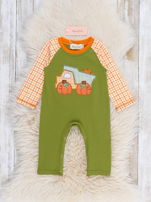 Seaside Custom Apparel & Gifts pumpkin dump truck embroidered romper with orange plaid sleeves on a faux fur rug