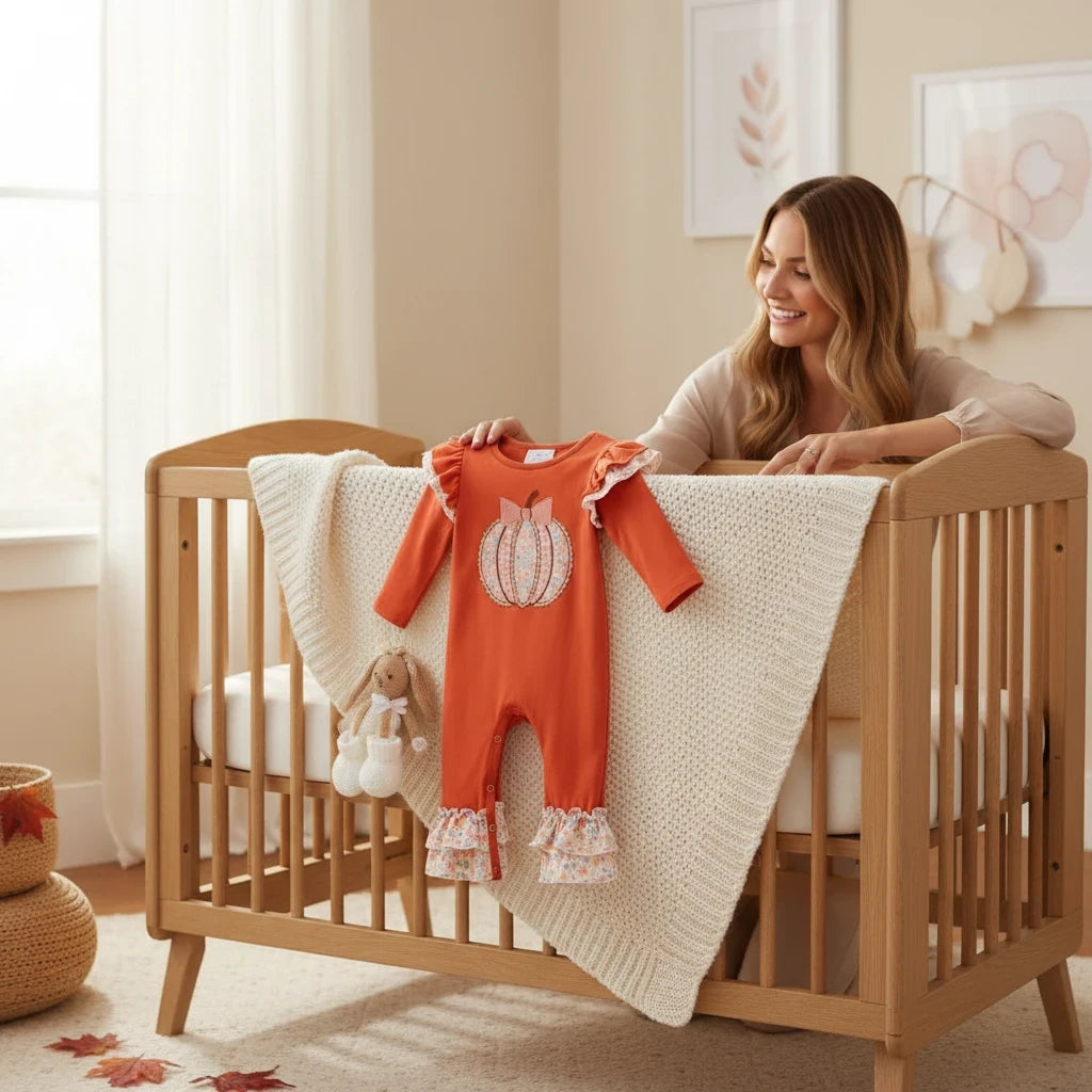 Seaside Custom Apparel & Gifts pumpkin spice orange infant romper with floral pumpkin applique and ruffle details.