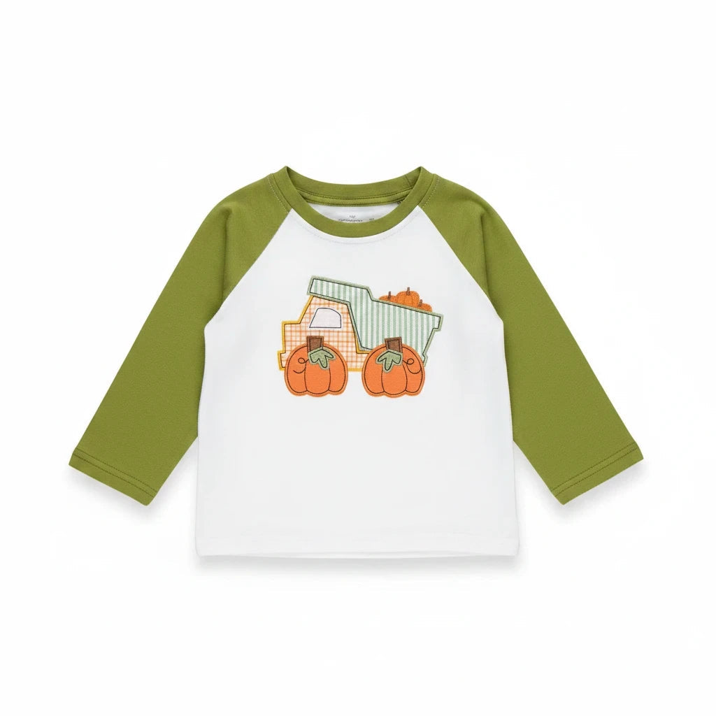 Seaside Custom Apparel & Gifts raglan shirt with olive green sleeves and embroidered pumpkin truck graphic