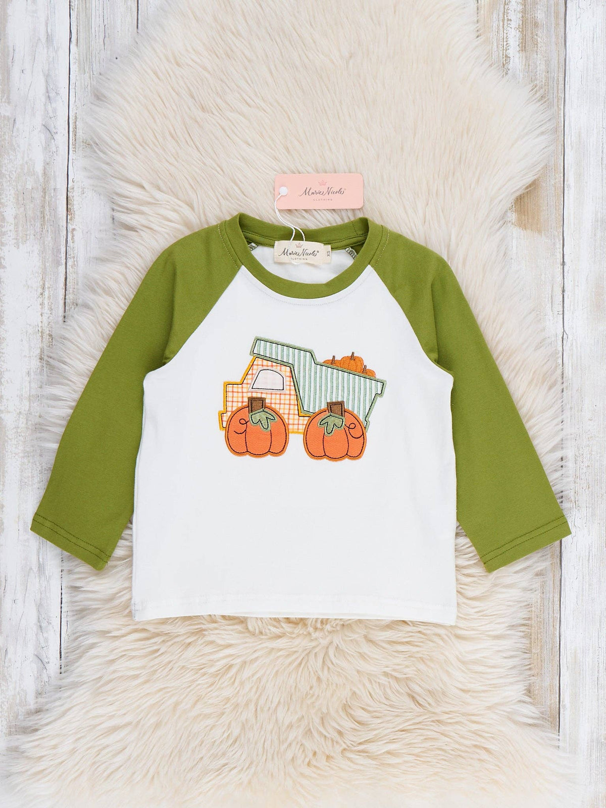 Seaside Custom Apparel & Gifts raglan shirt with olive green sleeves and embroidered pumpkin truck graphic