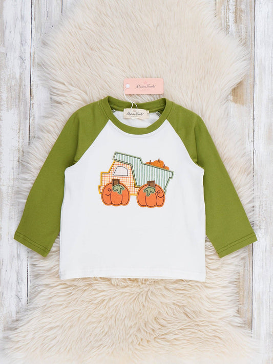 Seaside Custom Apparel & Gifts raglan shirt with olive green sleeves and embroidered pumpkin truck graphic