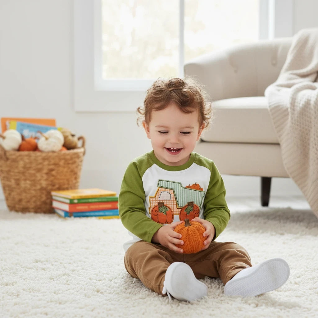 Toddler wearing a Seaside Custom Apparel & Gifts raglan shirt with an embroidered pumpkin truck design.