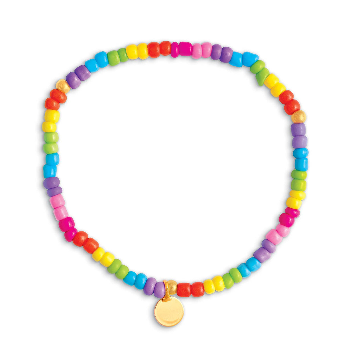 Seaside Custom Apparel & Gifts rainbow seed bead bracelet with a small gold charm on a white background