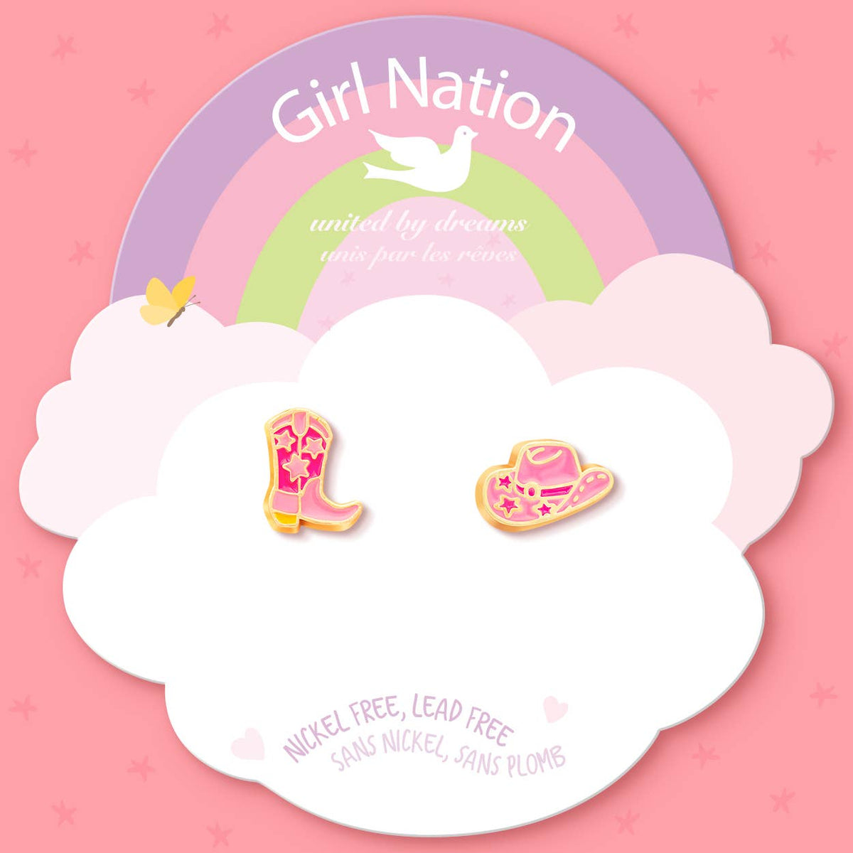 Seaside Custom Apparel & Gifts Girl Nation rodeo-themed stud earrings featuring a pink cowgirl boot and hat design.