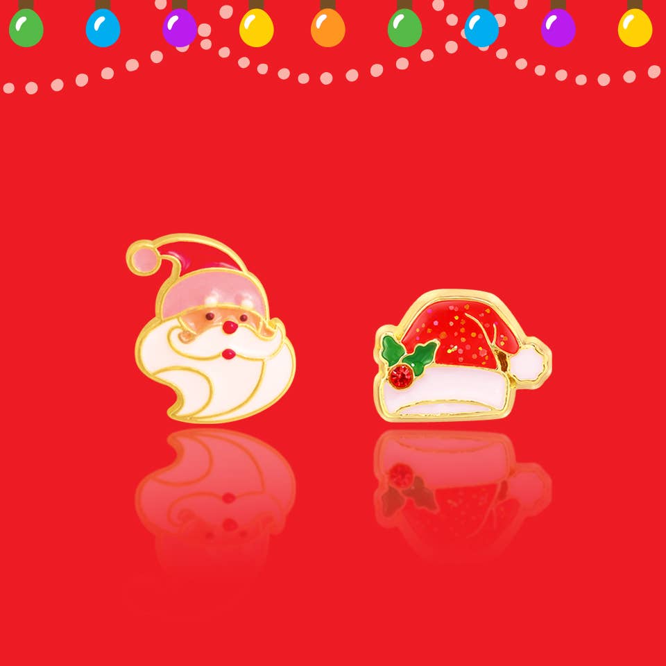 Seaside Custom Apparel & Gifts Santa and Santa hat enamel stud earrings for kids on a festive red background