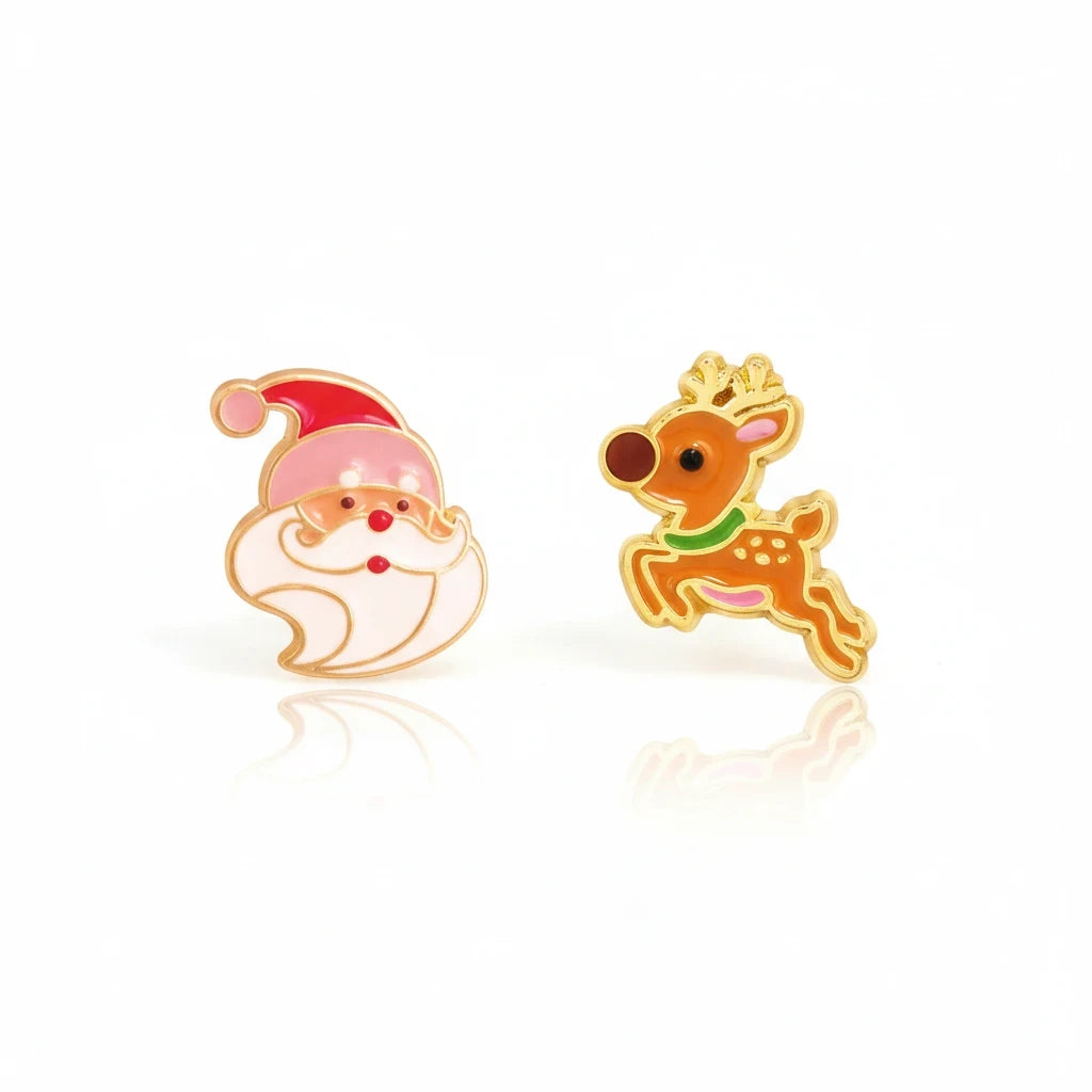 Seaside Custom Apparel & Gifts Santa and reindeer enamel stud earrings for kids with hypoallergenic surgical steel