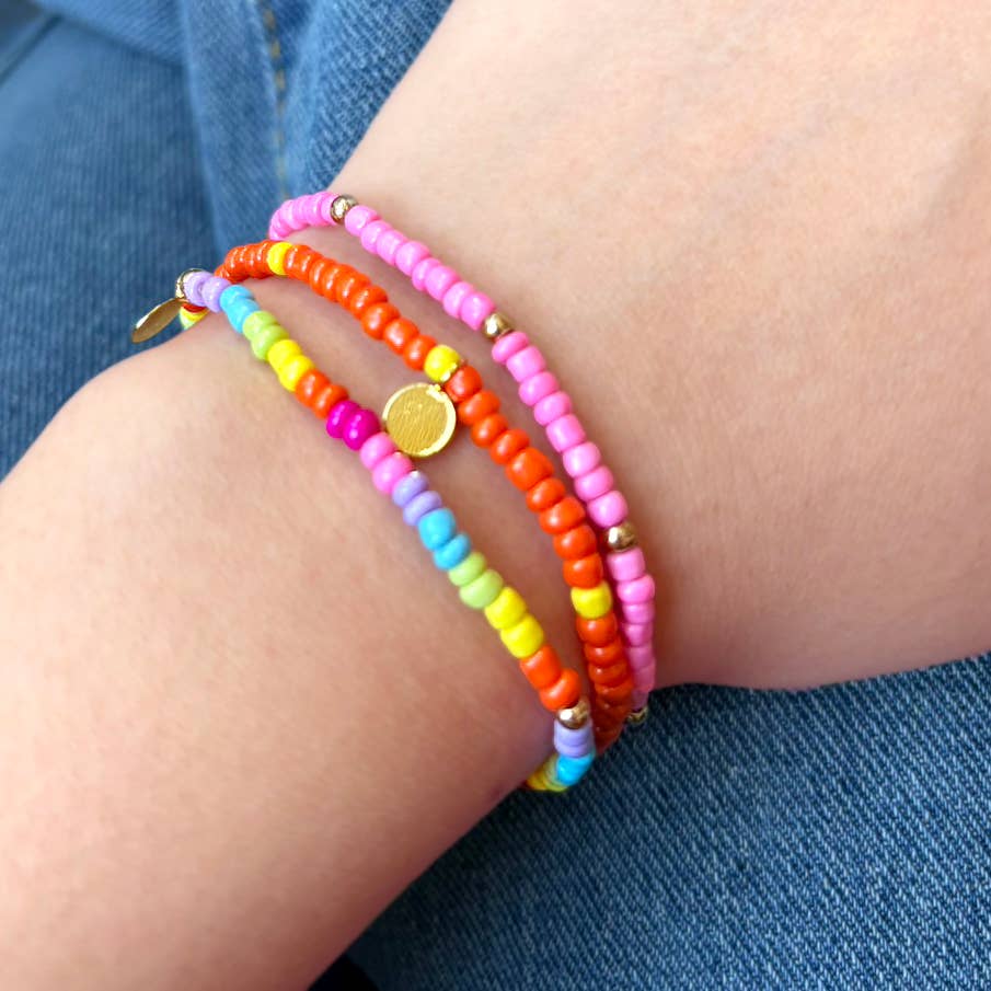 Seaside Custom Apparel & Gifts sunny mini seed bead bracelet stack with orange, pink, and rainbow colorful beads