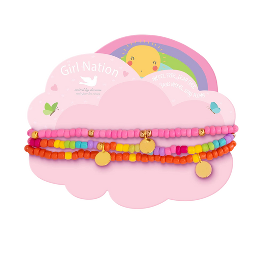 Seaside Custom Apparel & Gifts sunny mini seed bead bracelet stack of three in orange, pink, and rainbow colors.