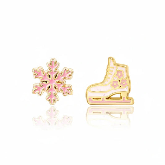 Seaside Custom Apparel & Gifts snowflake and ice skate enamel stud earrings for kids in pink and gold