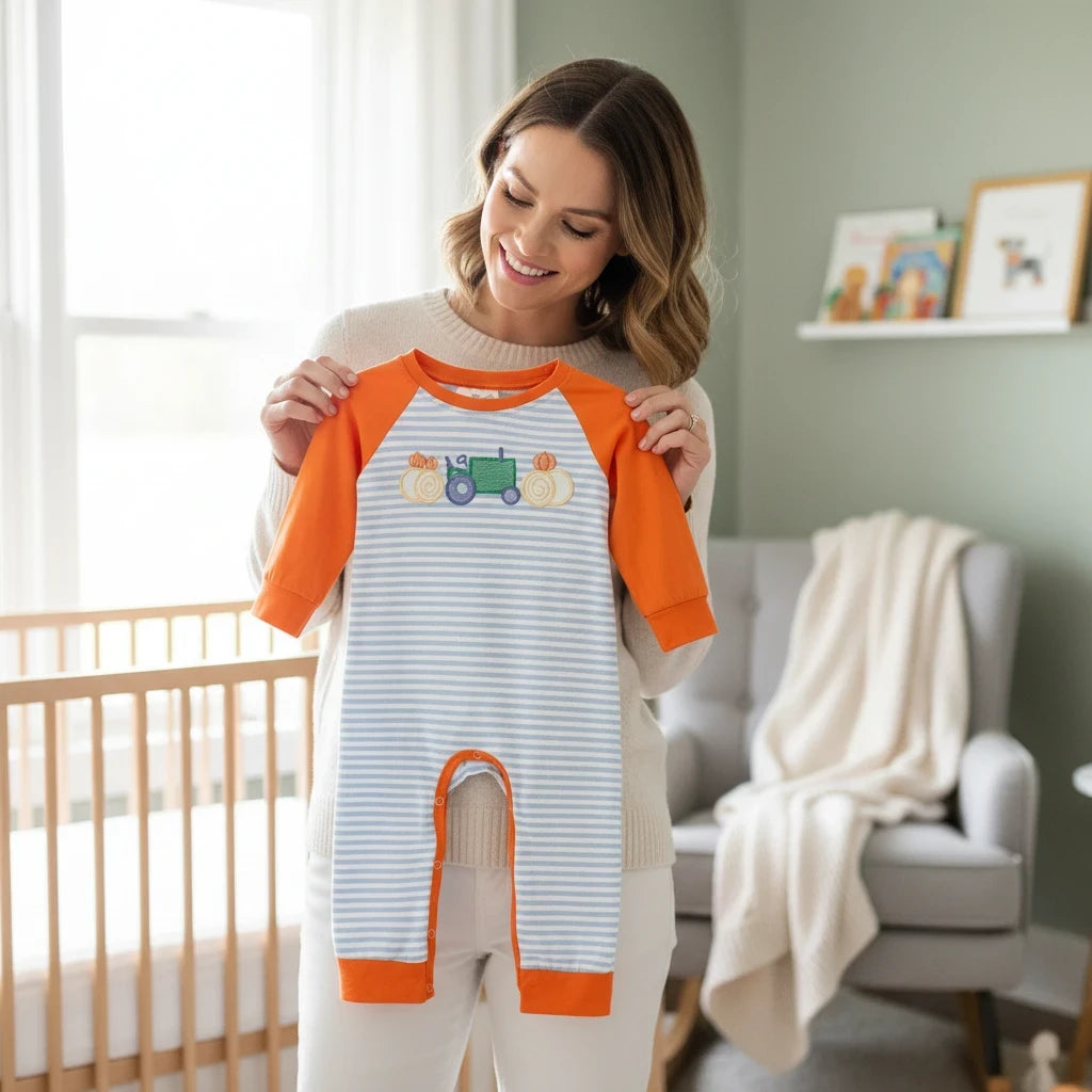 Seaside Custom Apparel & Gifts infant romper with blue stripes, orange sleeves, and embroidered tractor design.