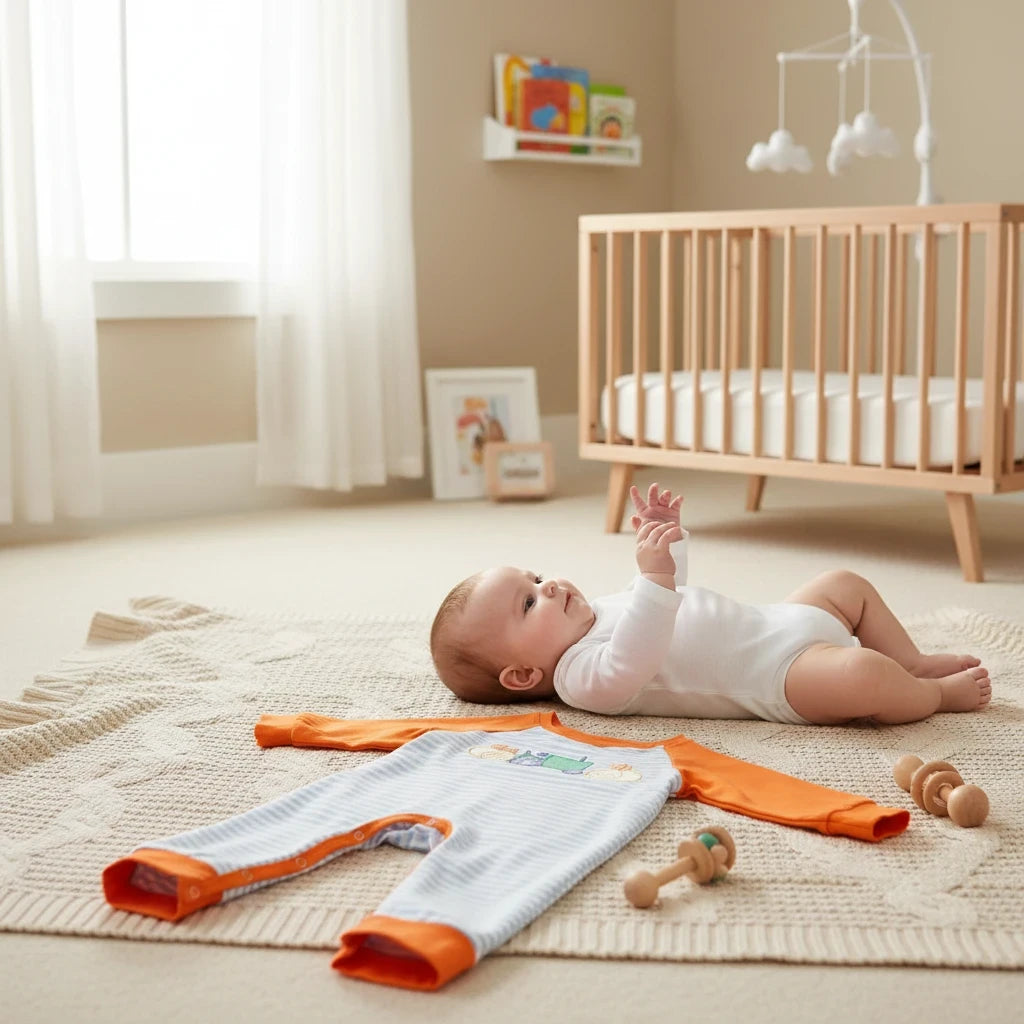 Seaside Custom Apparel & Gifts infant romper with blue stripes, orange sleeves, and embroidered tractor design.