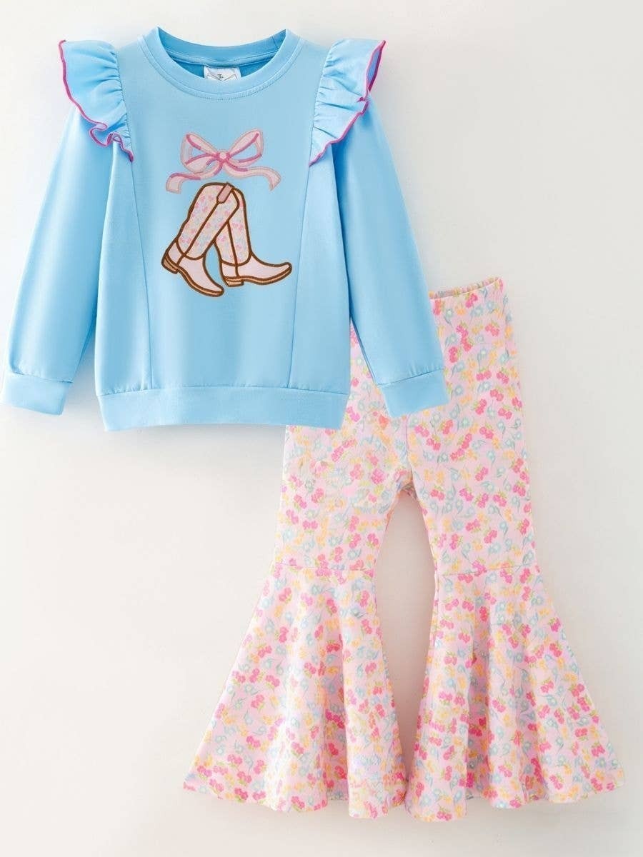 Seaside Custom Apparel & Gifts girls western outfit with blue flutter sleeve top and floral print bell bottom pants.