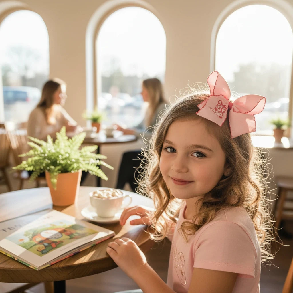 Young girl wearing a pink Seaside Custom Apparel & Gifts hair bow with western boot embroidery and moonstitch trim