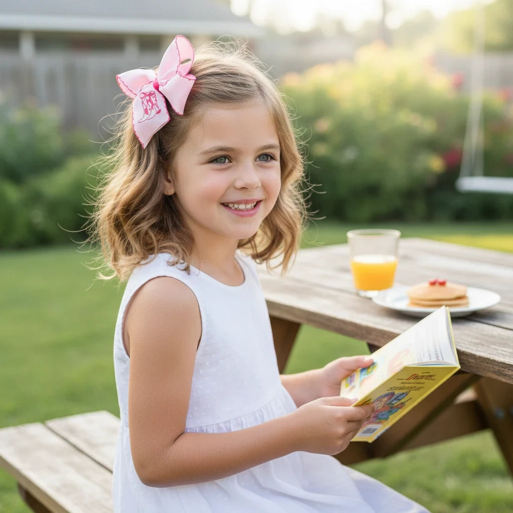 Young girl wearing a Seaside Custom Apparel & Gifts pink grosgrain hair bow with western boot embroidery