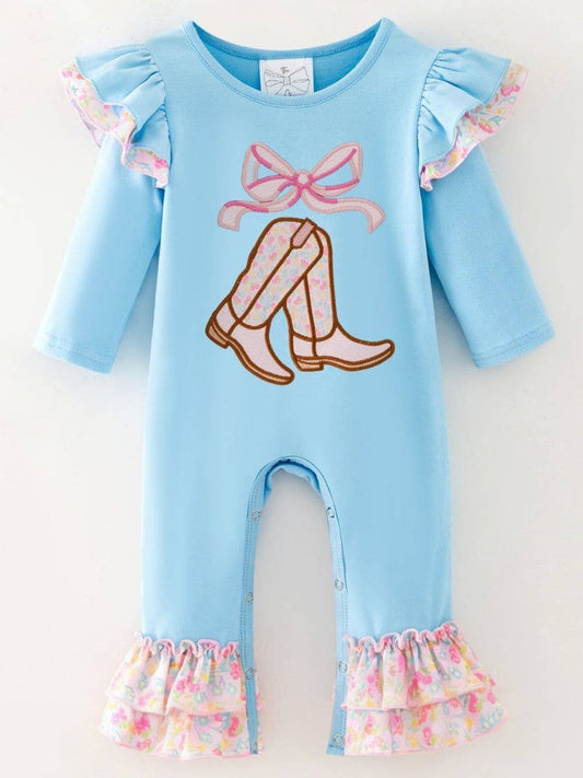 Seaside Custom Apparel & Gifts blue infant romper with western boot embroidery, flutter sleeves, and floral ruffles.